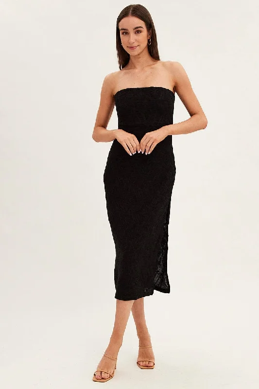 Black Midi Dress Strapless Textured