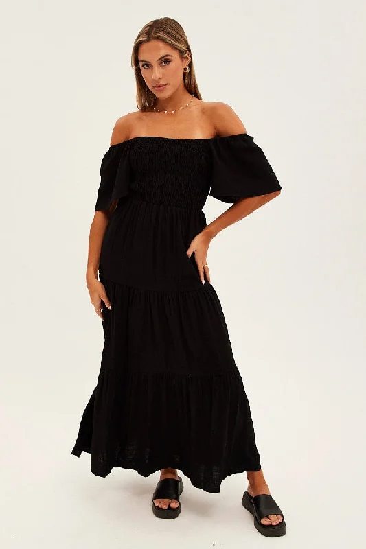 Black Shirred Bell Sleeve Midi Dress