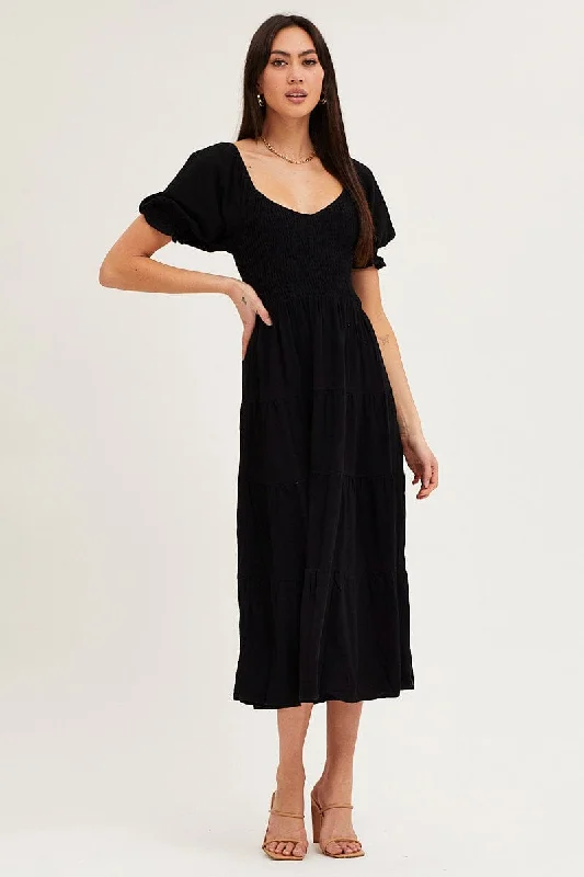 Black Shirred Bust Midi Dress