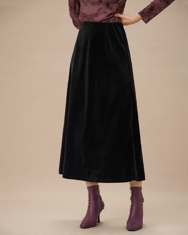 Black Velvet Elastic Waist Midi Skirt