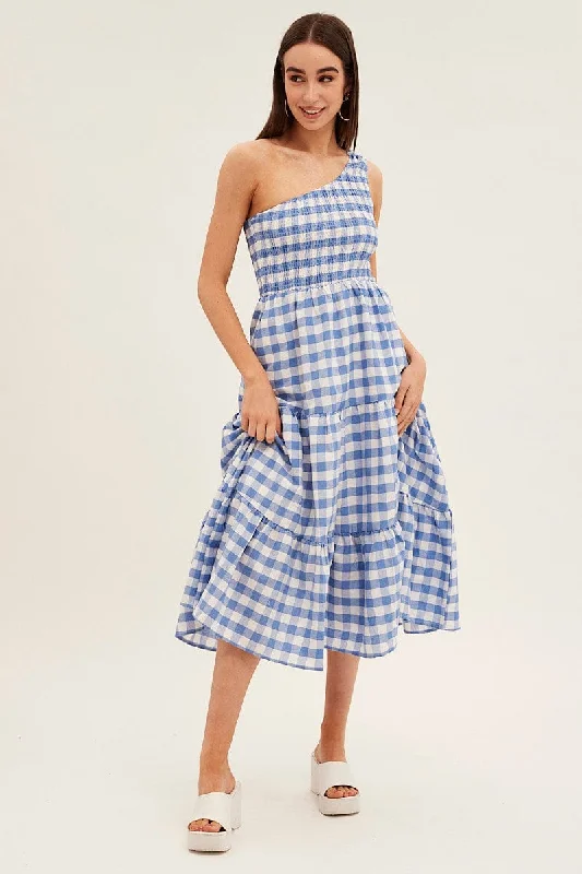 Blue Check Midi Dress One Shoulder Shirred