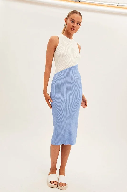 Blue Midi Dress Round Neck Colour Blocked Knit