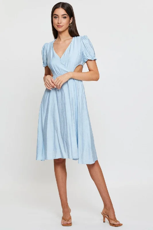 Blue Midi Dress Short Sleeve V Neck