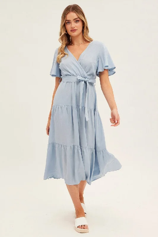 Blue Tie Waist Tiered Midi Dress