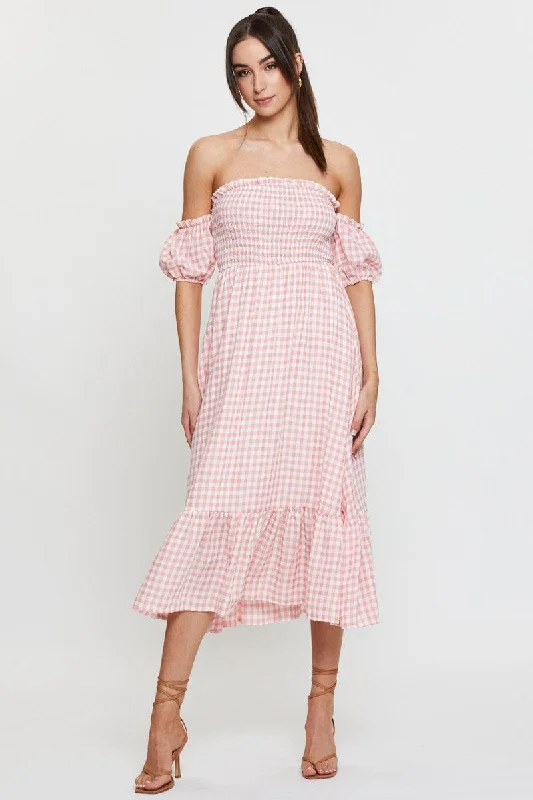 Check Midi Dress Off Shoulder Short Sleeve