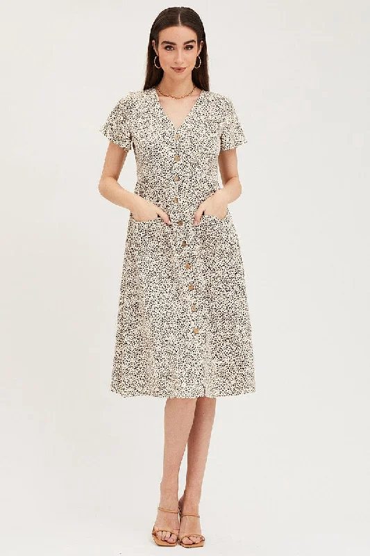 Geo Print Pocket Front Button Midi Dress