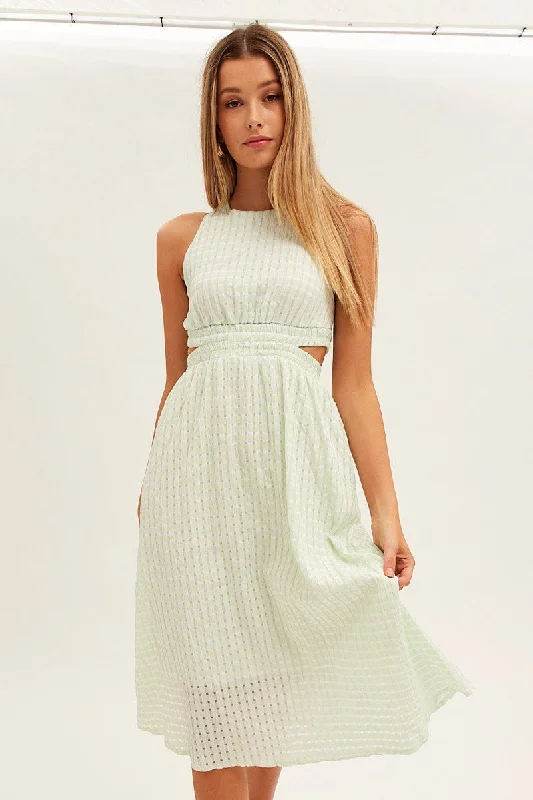 Green Check Midi Dress Backless