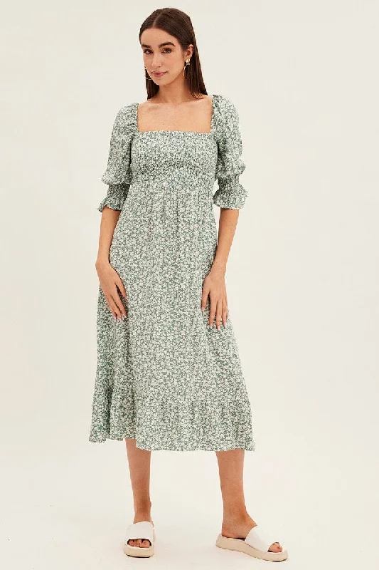 Green Floral Puff Sleeve Shirred Tiered Midi Dress