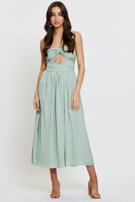 Green Midi Dress Evening Halter Neck Satin