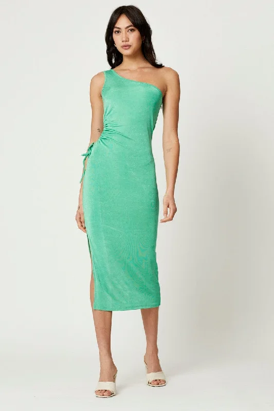 Green Midi Dress One Shoulder Evening