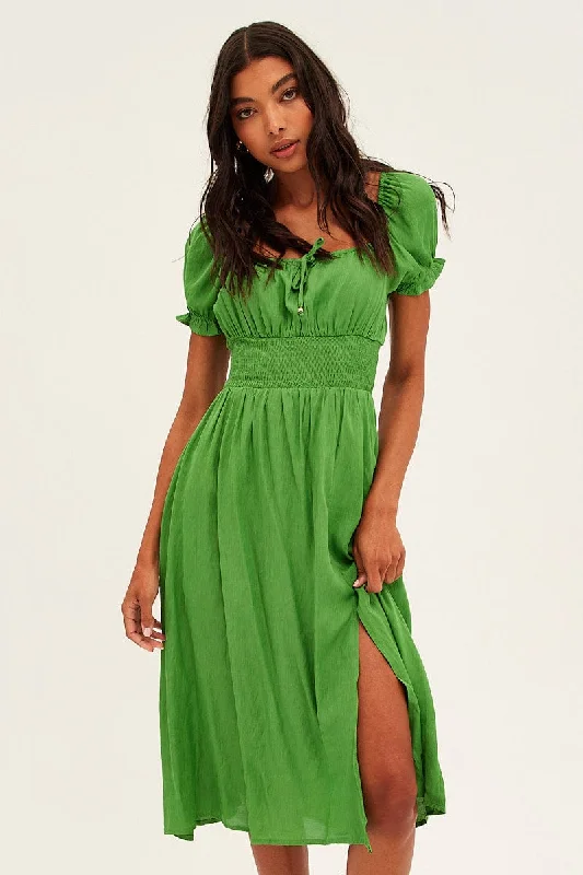 Green Midi Dress Puff Sleeve Square Neck Front Split