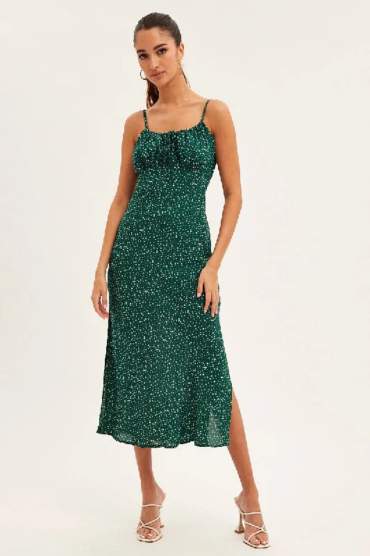 Green Polka Dot Midi Dress Sleeveless Ruched Bust