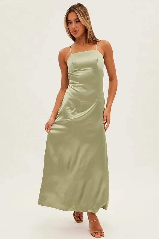 Green Satin Straight Midi Dress