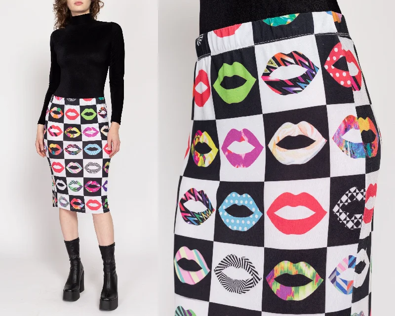 Large 90s Pop Art Lips Print Midi Skirt