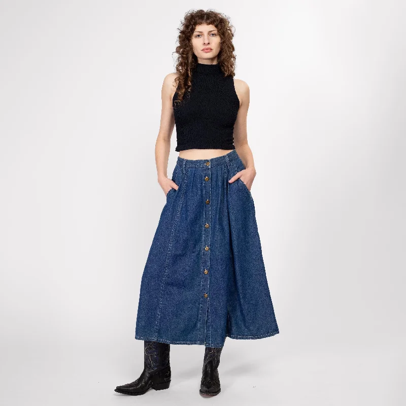 Med-Lrg 90s Dark Wash Denim Button Up Midi Skirt 29"-32"