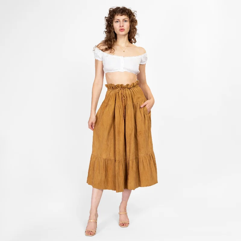 Med-Lrg 90s Maxfield Parrish Tan Suede Midi Skirt