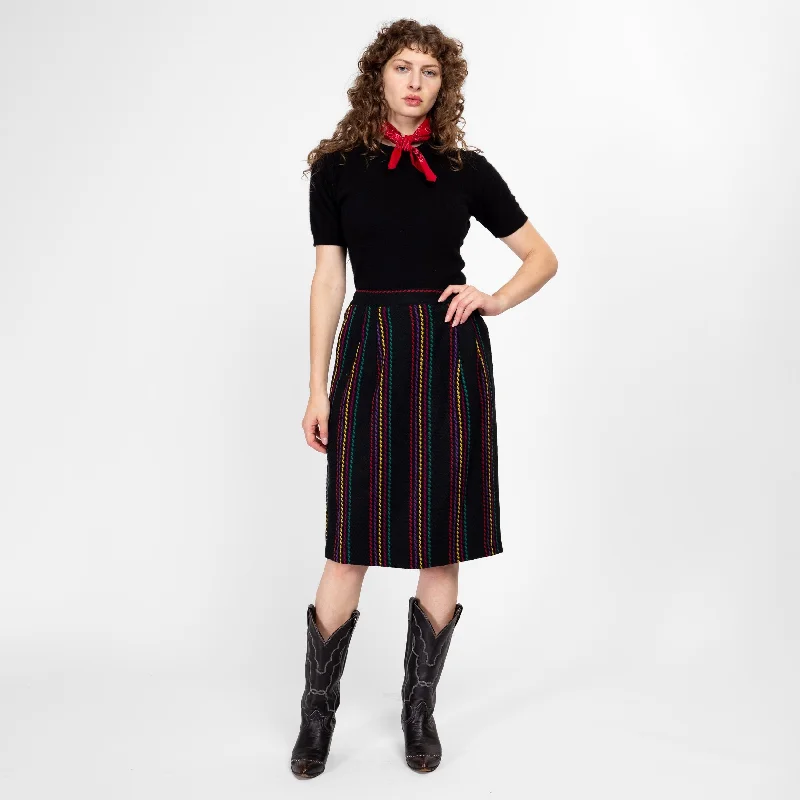 Medium 80s Black Rainbow Striped Knit Midi Skirt