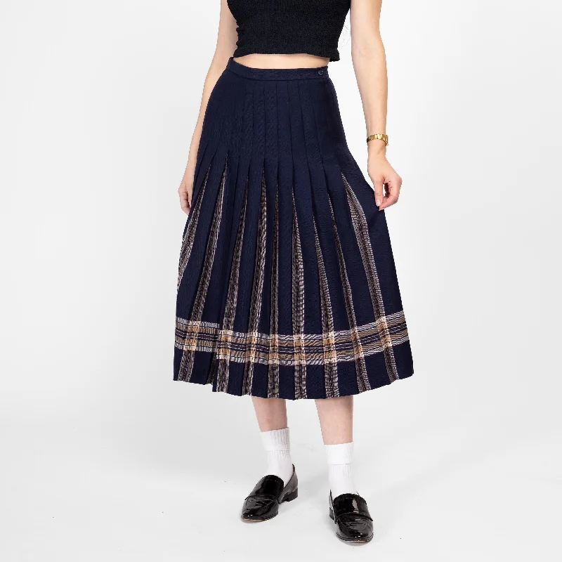 Medium 80s Navy Blue Plaid Pleated Midi Skirt 28"