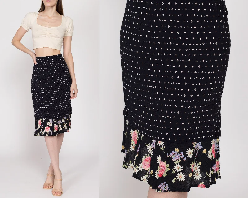 Medium 90s Black Floral Polka Dot Midi Skirt 30"