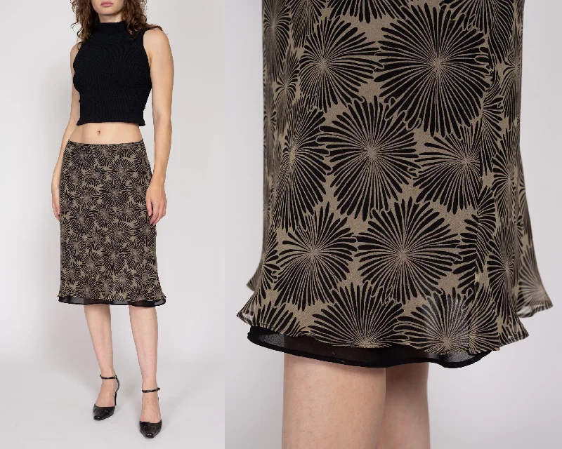 Medium 90s Chrysanthemum Print Silk Midi Skirt 30"