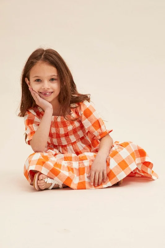 Orange Check Kids Midi Dress Short Sleeve Square Neck