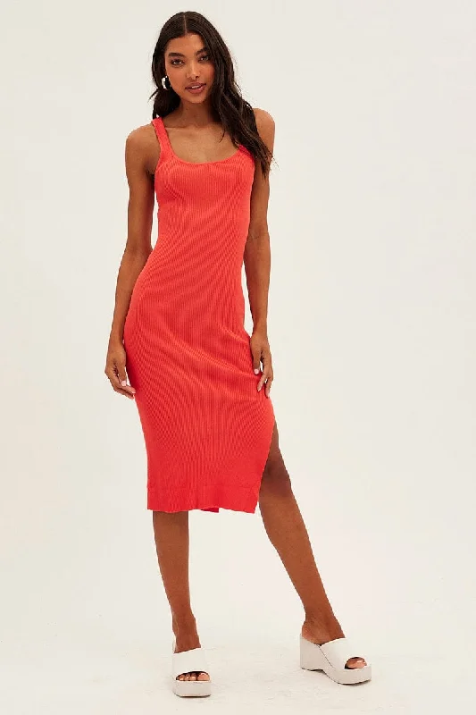 Orange Midi Dress Bodycon Round Neck Ribbed Knit