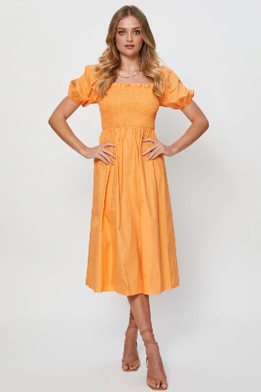 Orange Midi Dress Short Sleeve Square Neck