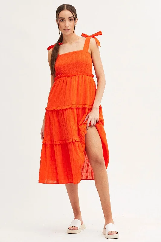 Orange Midi Dress Sleeveless Shirred Texture Cotton