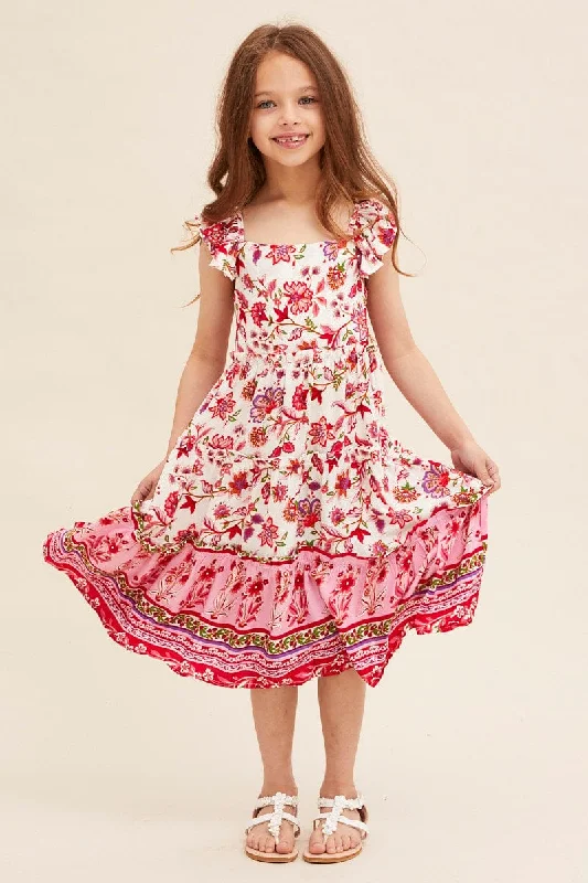 Pink Boho Kids Midi Dress Tiered