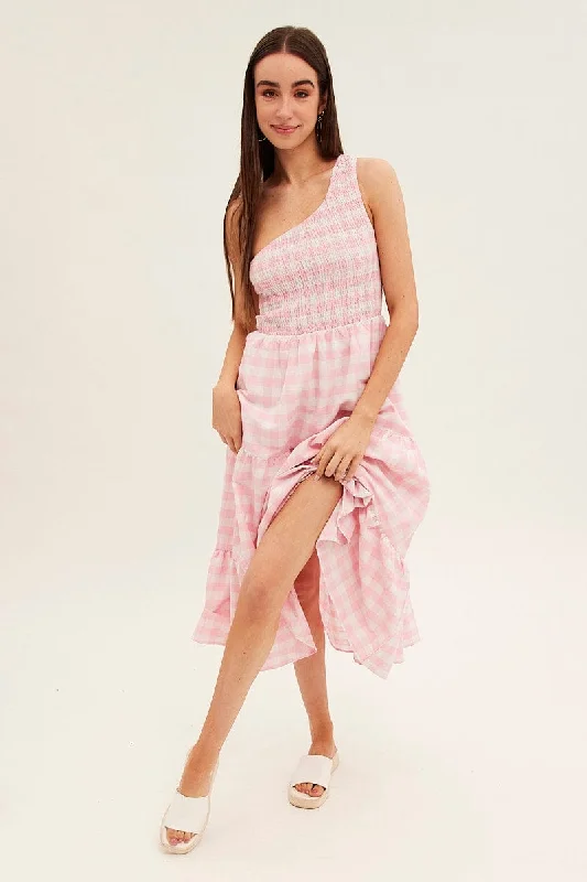 Pink Check Midi Dress One Shoulder Shirred Body