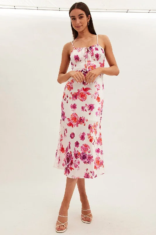 Pink Floral Midi Dress Sleeveless Ruched Bust Satin