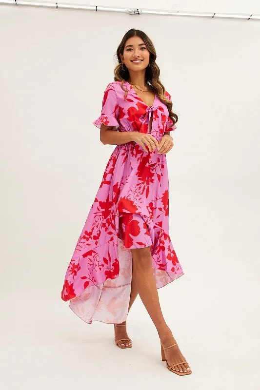 Pink Floral Tie Front Floral Midi Dress