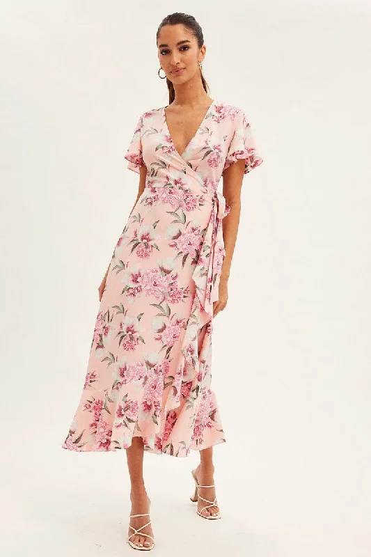 Pink Floral Wrap Midi Dress