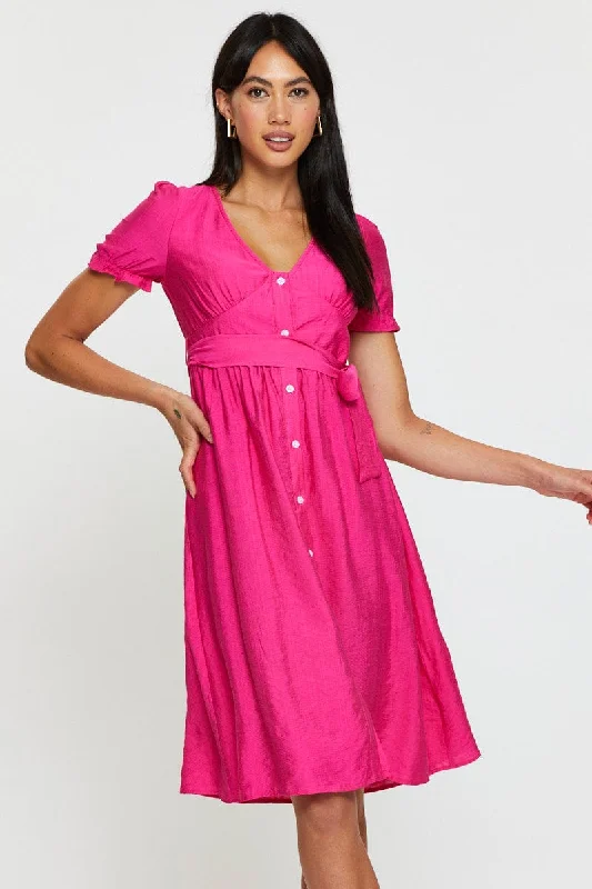 Pink Midi Dress Short Sleeve