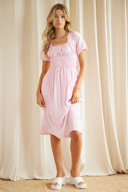 Pink Midi Dress Short Sleeve Square Neck