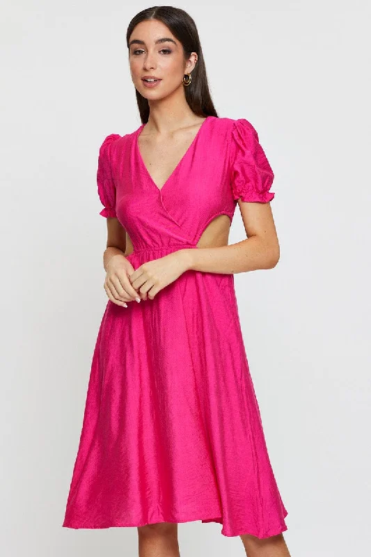 Pink Midi Dress Short Sleeve V Neck