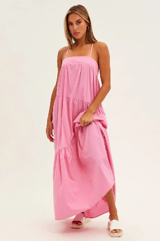 Pink Midi Dress Sleeveless Square Neck Poplin