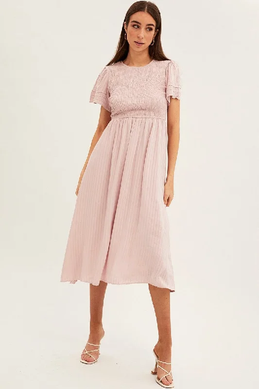 Pink Round Neck Tiered Midi Dress