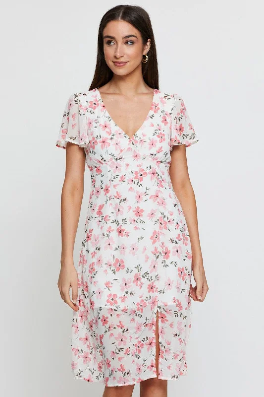 Print Midi Dress Short Sleeve V Neck