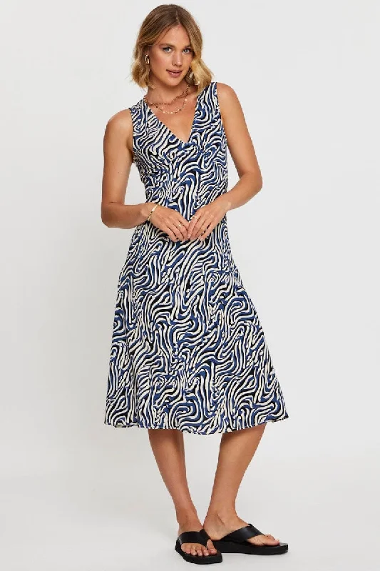 Print Midi Dress V Neck