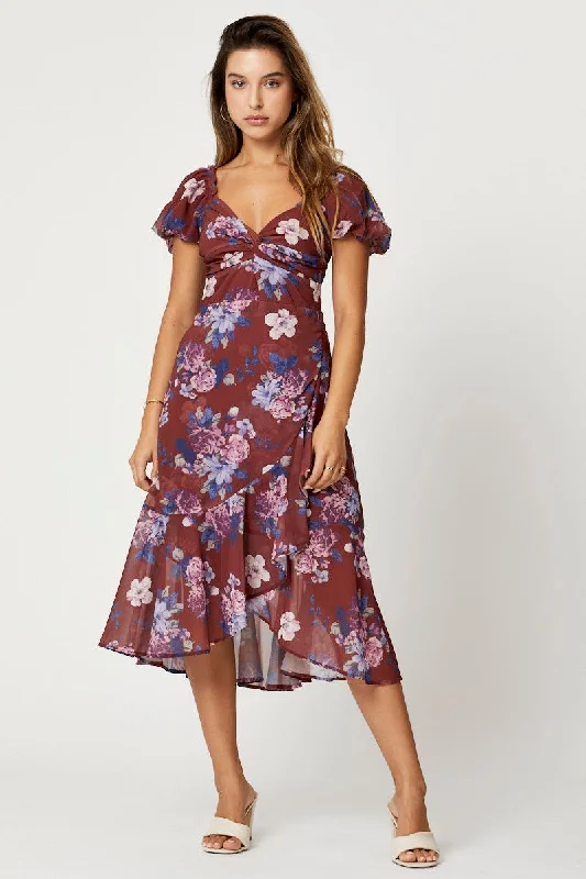 Print Sweetheart Button Front Midi Dress