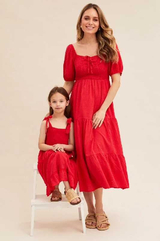 Red Midi Dress Short Sleeve Shirred