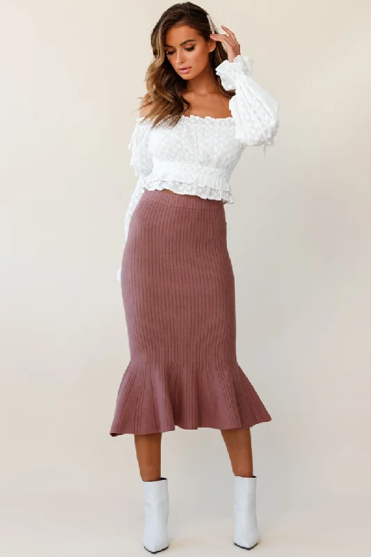 Shalon Ribbed Knit Fluted Hem Midi Skirt Antique Rose