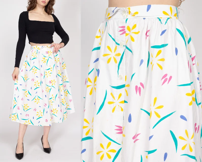 Small 80s White Whimsical Floral Midi Skirt