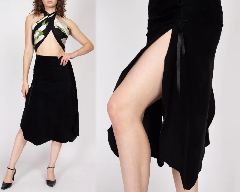 Small 90s Western Gothic Black Suede Midi Skirt