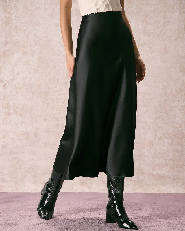 The Black Low Waisted Lace Satin Midi Skirt