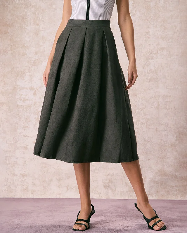 The Green High Waisted A Line Pleated Midi Skirt