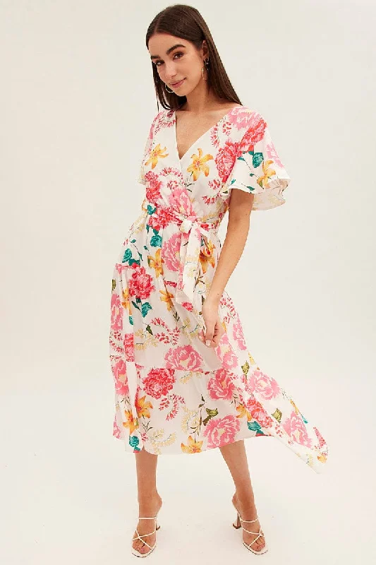 White Floral Tie Waist Tiered Midi Dress