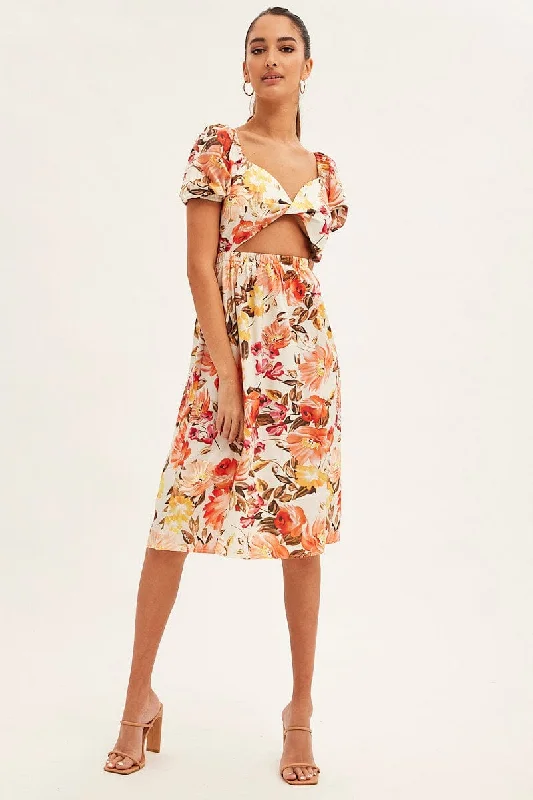 White Floral Twist Front Midi Dress