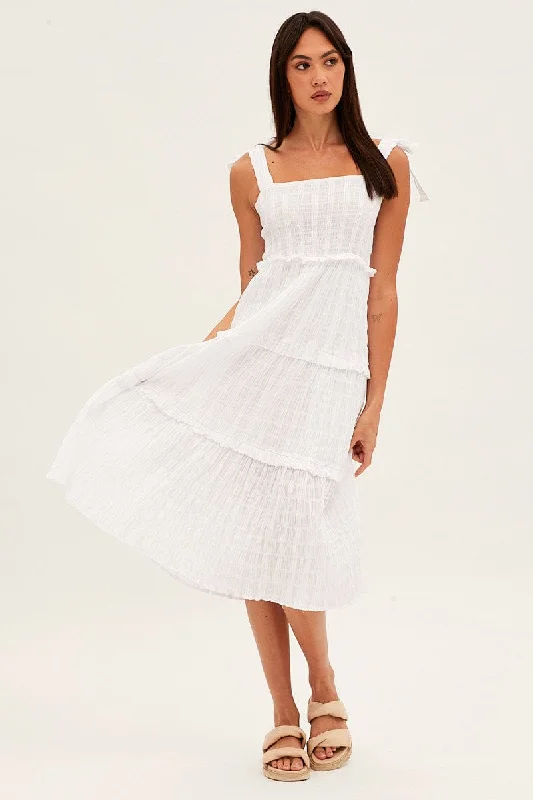 White Midi Dress Sleeveless Shirred Texture Cotton